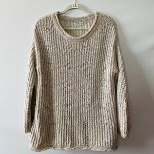 By Anthropologie Womens Oatmeal Roll Tab Sleeve Chunky Knit Pullover Sweater S